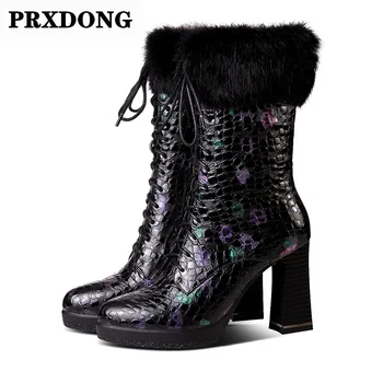 

new arrives genuine leather women autumn winter shoes sexy high heels platform black real fur shoes woman mid calf boots size 39