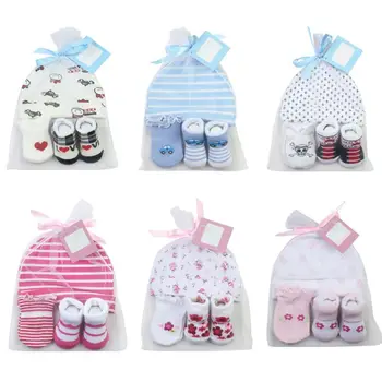 

Cartoon Baby Socks + Anti-scratch Gloves +Hat Set Newborn Infant 100 Days /1 Month Party Gift Color Random Deliver