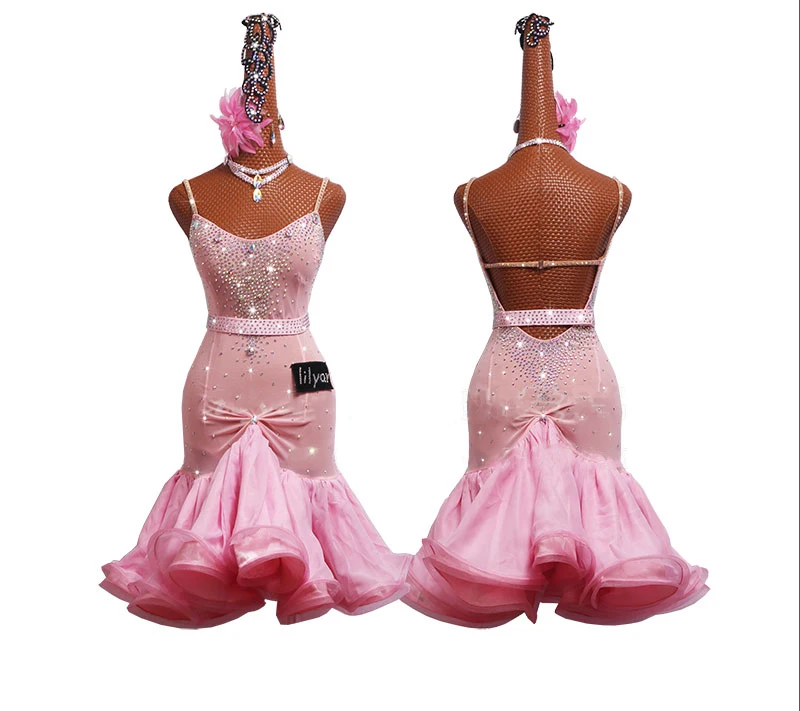 Конкурс латиноамериканских танцев платье для выступлений взрослых женщин светло-розовый детский рыбий хвост юбка# LD0072