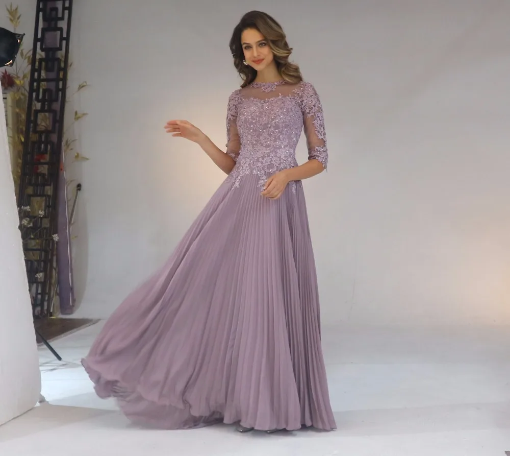 

2020 Chiffon Pleated Lace Applique A Line With 1/2 Sleeves Mother Of The Bride Dress Long Vestido De Festa Longo