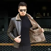 Для мужчин зимняя куртка теплая кожаная куртка Slim Fit из овечьей шерсти с отложным воротником на молнии дубленка C030