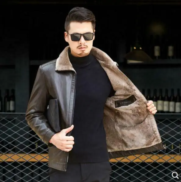 Для мужчин зимняя куртка теплая кожаная куртка Slim Fit из овечьей шерсти с отложным воротником на молнии дубленка C030|Куртки из искуственной кожи| | АлиЭкспресс