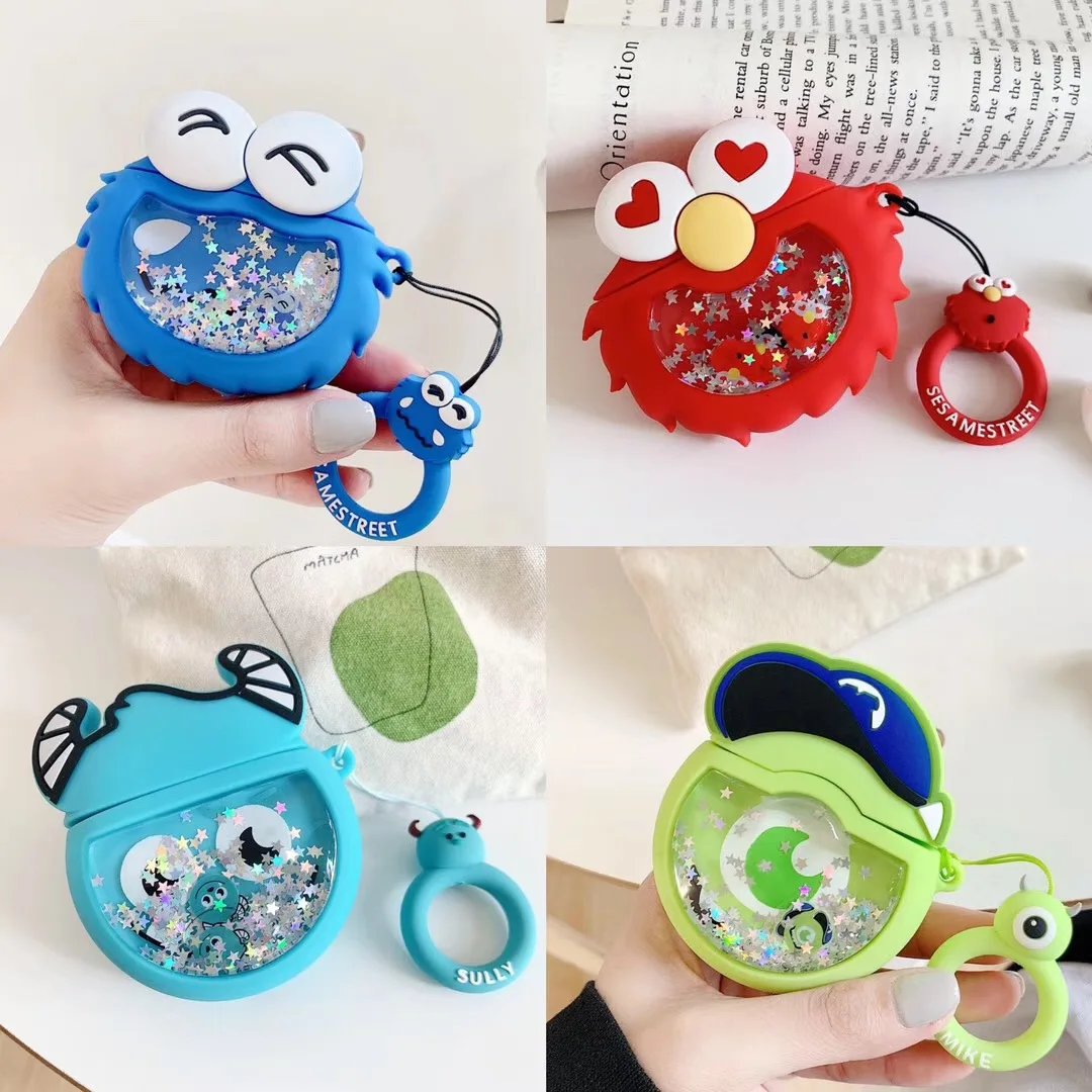 

3D Cartoon Sesame Street Star Sequins Sands Set for Apples Airpods Wireless Bluetooth Headset Pack Shockproof + Buckle Box Coque