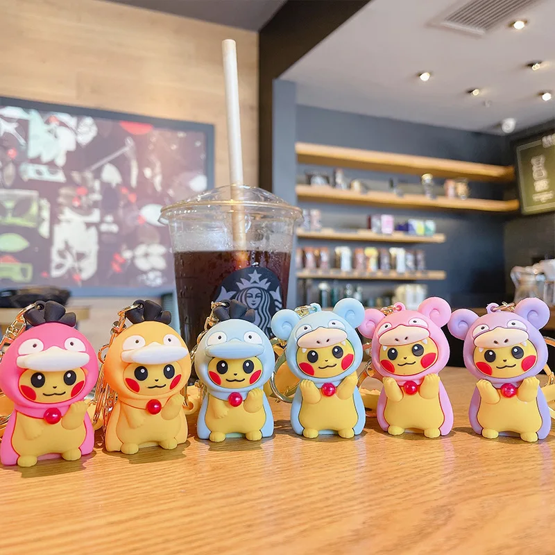 6 Styles Pokemon Keychains Pikachu Cosplay Psyduck Slowpoke Creative Anime Cartoon Key Chain Ornaments Dolls Toys Pendant Gifts