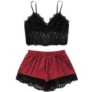 

2 Pcs/Set Women's Sleepwear Sexy Satin Pajama Set Black Lace V-Neck Pyjamas Sleeveless Cute Cami Top and Shorts Plus Size