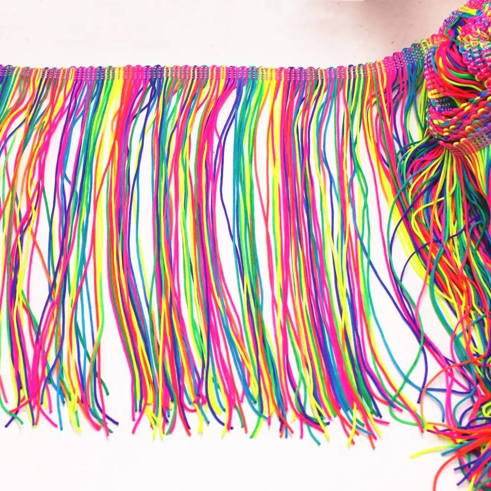 Latin Fringe Tassel Rainbow Colored Nylon Latin Dress Trimming Dancewear Macrame Sewing Lace Fluro Double Band 20CM
