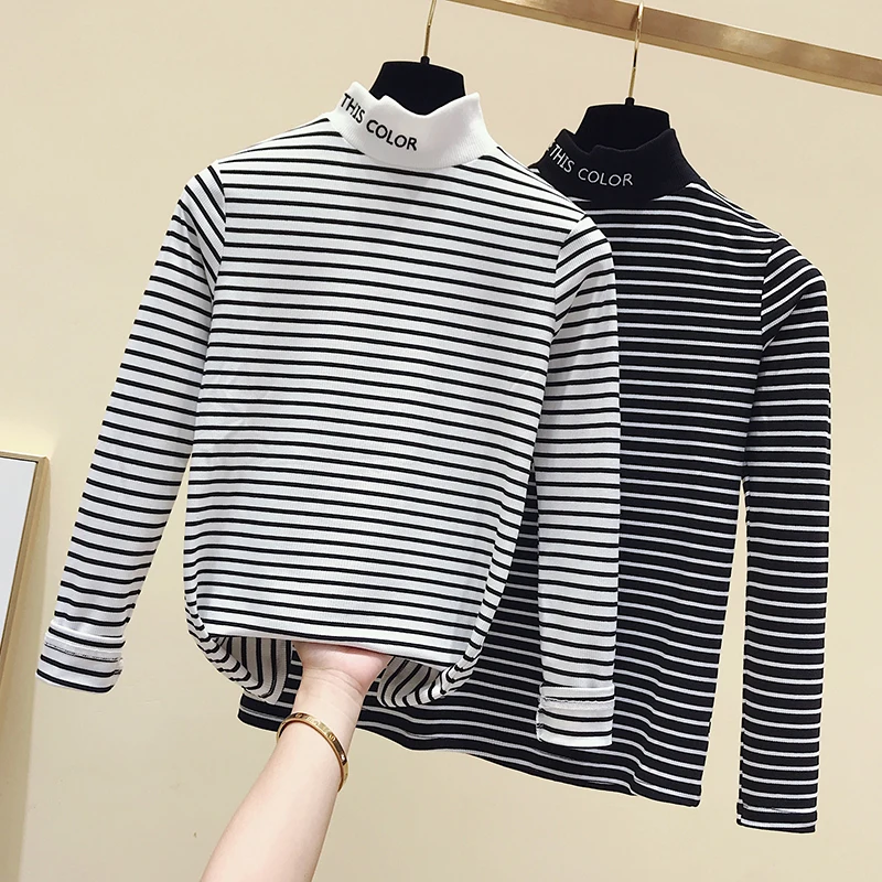

Autumn Fashion Women Causal Loose stripe Long Sleeve kitted Turtleneck T-Shirts Lady Girls Basic Tee T Shirts Tops