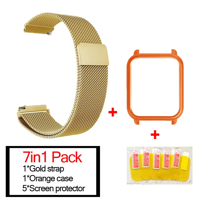 gold-orange 7в1 Браслет Для Xiaomi Huami Amazfit ремешок bip Миланская нержавеющая сталь умные часы полосы Amazfit bip защитный чехол для экрана - Цвет: gold-orange