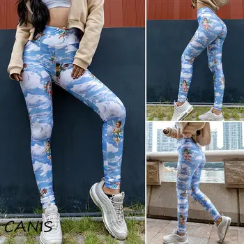 

Fashion Women Fitness Blue Leggings Angle Print Elastic Slim Fit Sport Leggings Gym Casual High Waist Trousers 2019 Autumn New