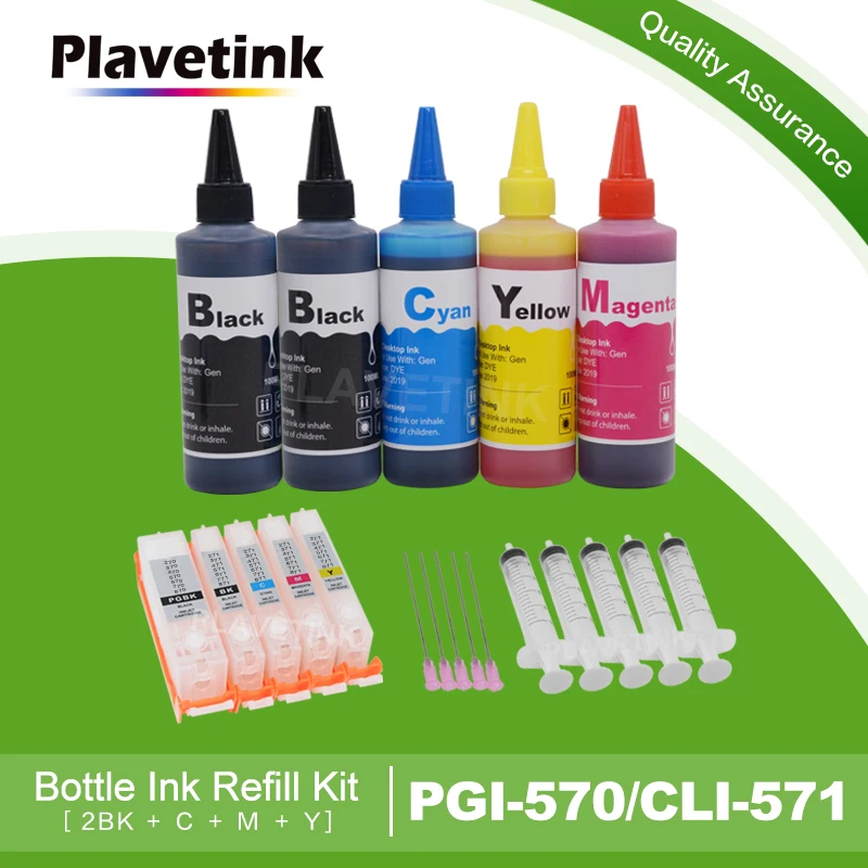 Plavetink 100ml Printer Ink Refill Kit + Refillable Cartridge For Canon PGI 570 CLI 571 XL PIXMA MG5750 MG5751 Printers | Компьютеры и