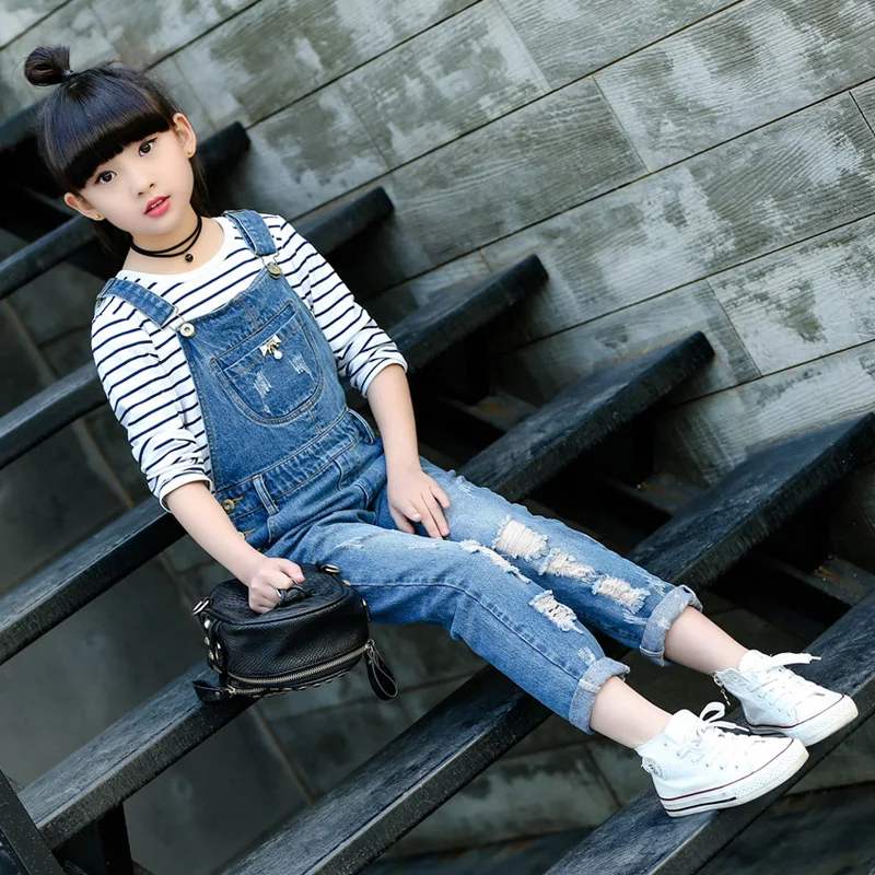 

Childrenswear Girls' Overalls 2018 New Style Korean-style Middle And Large Children Cowboy with Holes Suspender Pants