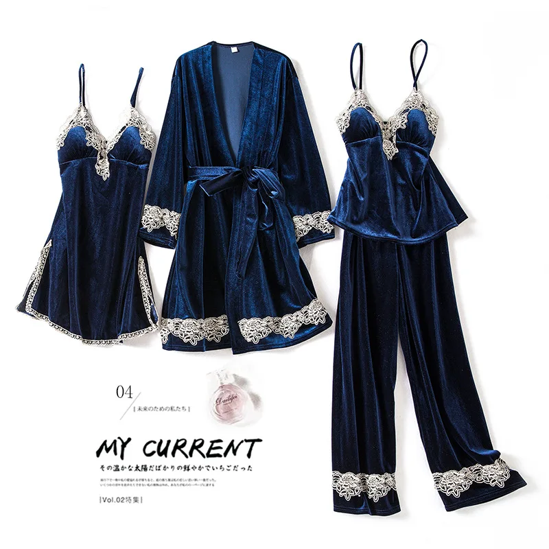 navy blue Золотые бархатные пижамы для женщин, 4 шт., зимний костюм, домашняя одежда для женщин, сексуальный кружевной халат, пижамы, наборы, одежда для сна без рукавов - Цвет: navy blue