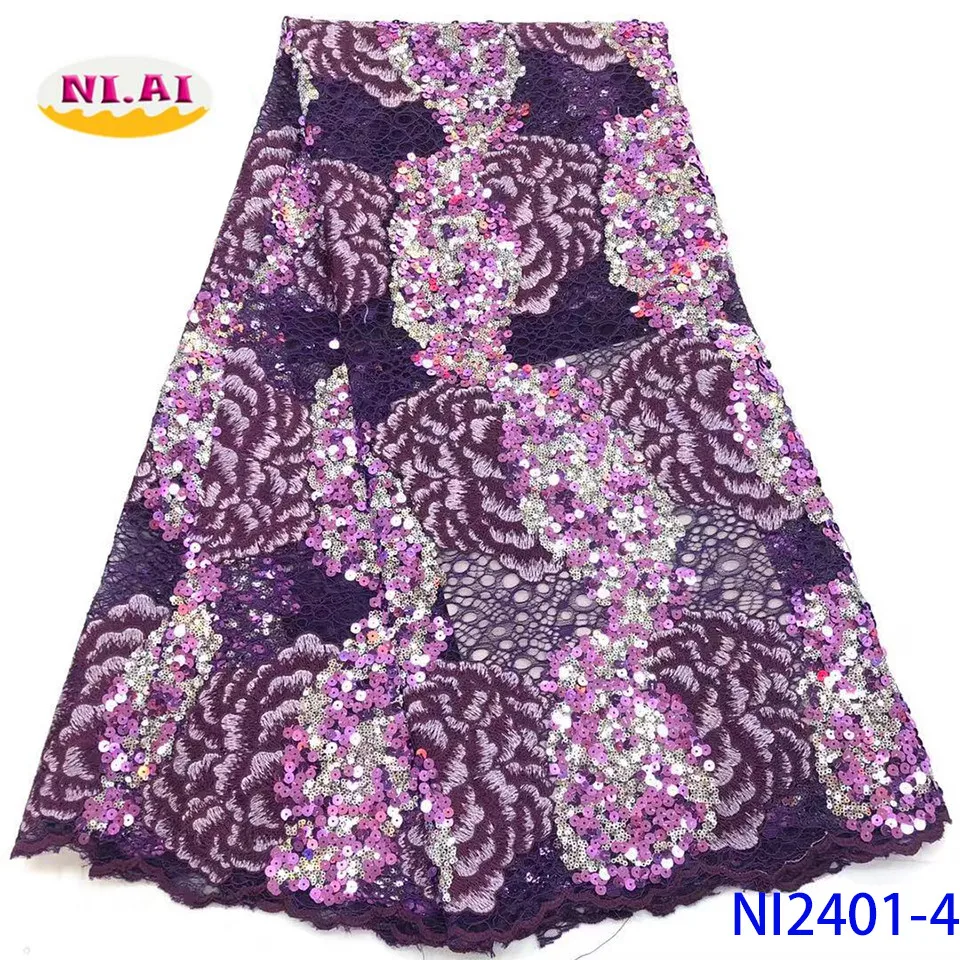 NIAI African Lace Fabric High Quality Lace Nigerian Sequins Lace Fabrics Embroidered French Lace Fabric For Women NI2401-4