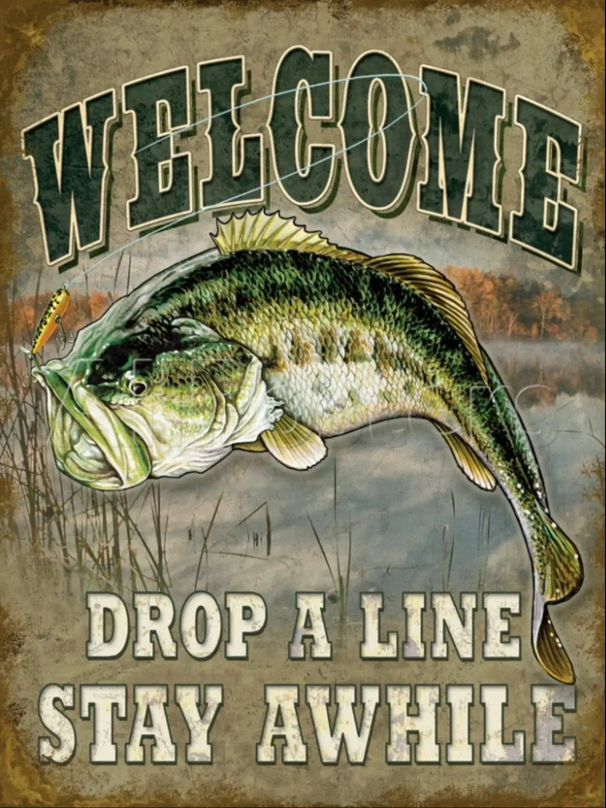 

Fishing Welcome Stay AWHILE CAR Metal Vintage Retro F.U.M. Tools FUM Retro Wall Home Bar Pub Vintage Cafe Decor, 8x12 Inch