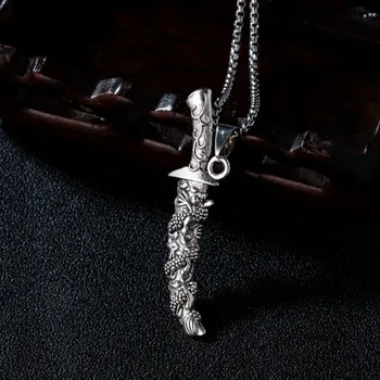 

Mysterious Oriental Myth Pendant Necklace For Men Silver Color Metal Dragon Pattern Tibetan Knife Amulet Necklace Party Jewelry