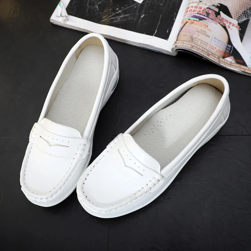 Plardin Women Loafers Shoes Genuine Leather Slip On Walking Shoes White Sneakers Casual Shoes Ballet Flats Hospital Nurse Shoes