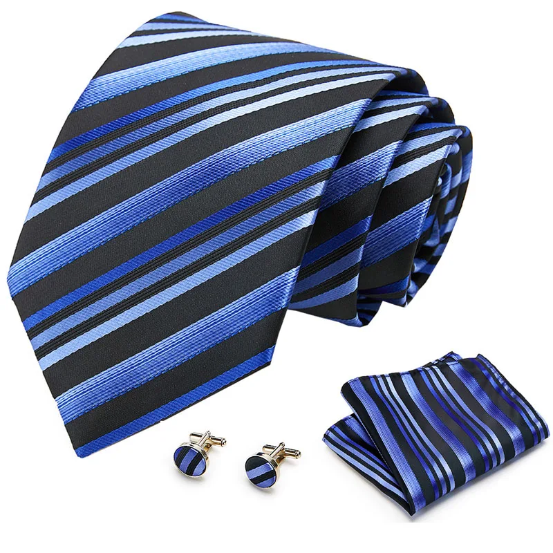 

Mens Tie 8cm Blue striped 100% Silk Classic Jacquard Woven Extra long size Tie Hanky Cufflink Set For Men Formal Wedding Party