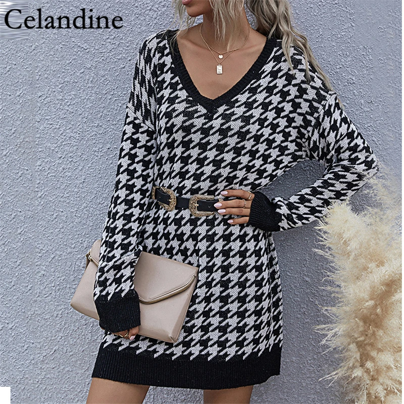 Celandine Black Houndstooth Oversized Knitted Sweater Women V Neck Long Sleeve Pullover Loose Jumper Jerseys Autumn Winter 2020 | Женская