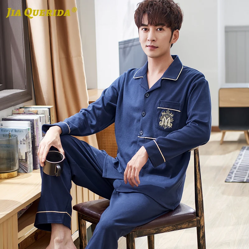 Mens Pajama Set 100% Pure Cotton High Quality Sleepwear for Men Royal Blue Cardigan Badge Embroidery Pocket Cotton Man Big Set