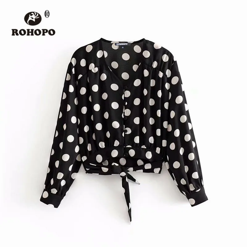 ROHOPO белая Polk Dot Tie с поясом и v-образным воротником черная блузка с пуговицами и пышными длинными рукавами женская элегантная мягкая рубашка - Цвет: CN SIZE