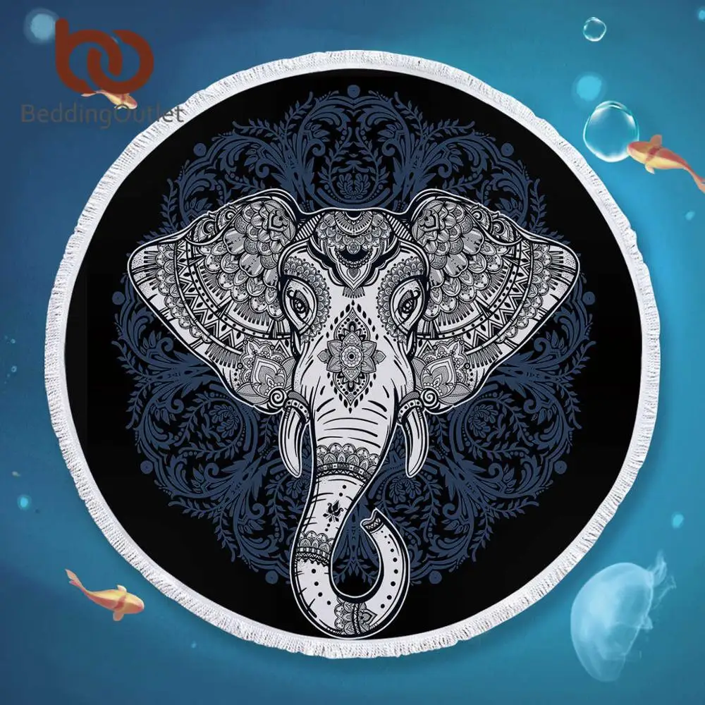 BeddingOutlet Elephant Mandala Round Beach Towel for Adults Boho Microfiber Bath Towel Tassels Bohemian Exotic Yoga Mat