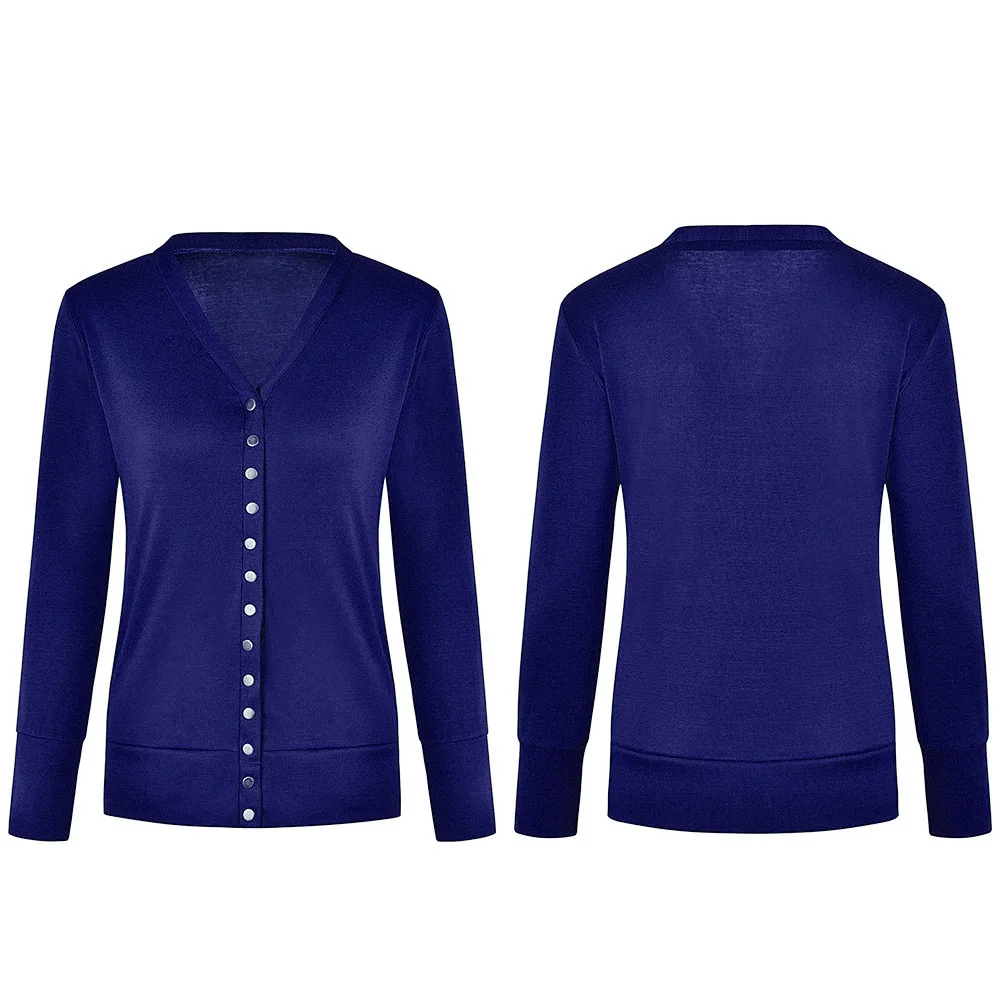 Women Deep V-neck T-shirts Navy White Casual Cardigan Solid Tops European American Style New Autumn Outwear S-XXL GMW03
