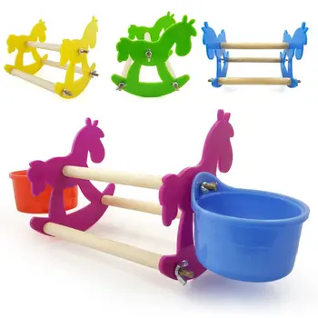 

Funny Bird Parrot Chew Toy Small Wooden Rocking Horse Chair Toys with Double Cup Feeder