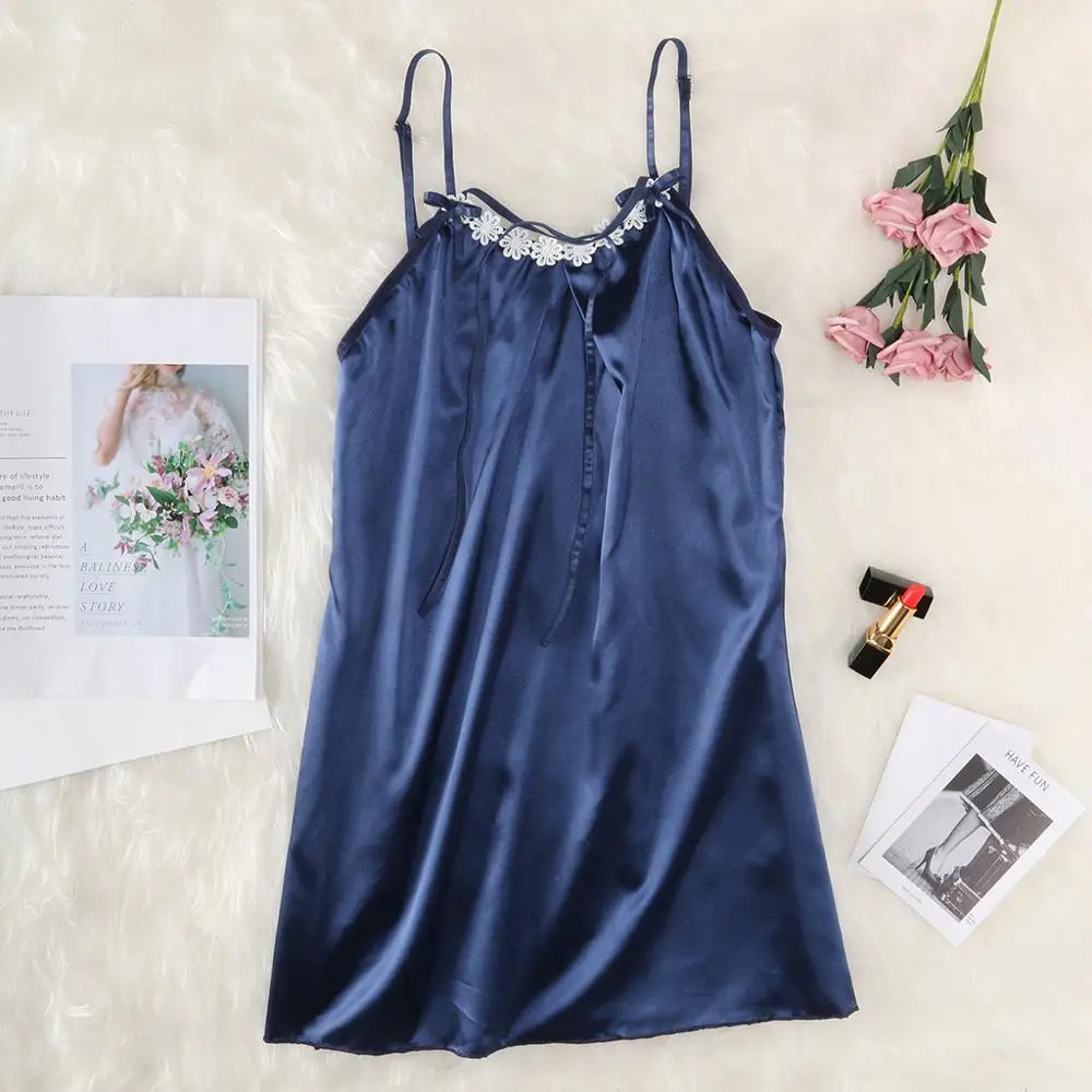 

Lace Deep V-neck Nightdress Sexy Lingerie Nightgowns Sleepwear Night Dress Women Sleeveless Nightwear Faux Silk Satin Night 10X