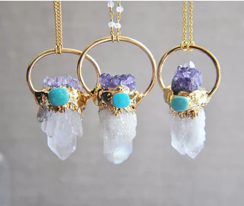 

BOROSA Aura Crystal Cluster Druzy Pendant Titanium AB Natural Quartz Point Gold Necklace With Amethysts Chips&Turquoises Beads