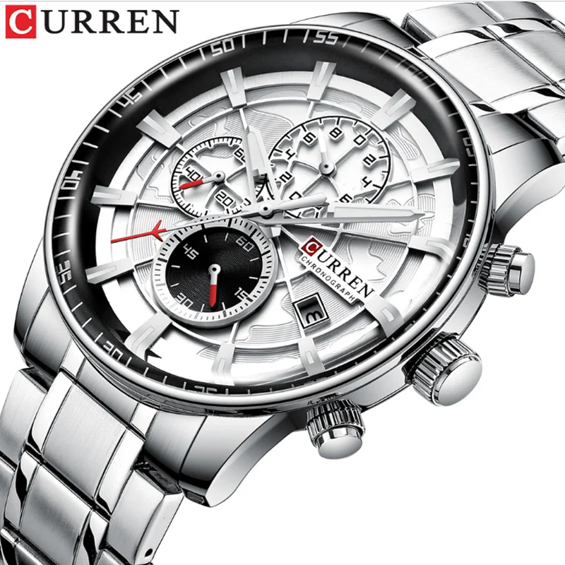 Men's Waterproof Calendar Watch Three Eyes Six Pin Large Dial Steel Belt Quartz Watch Multi-Function Sports Luminous Watch