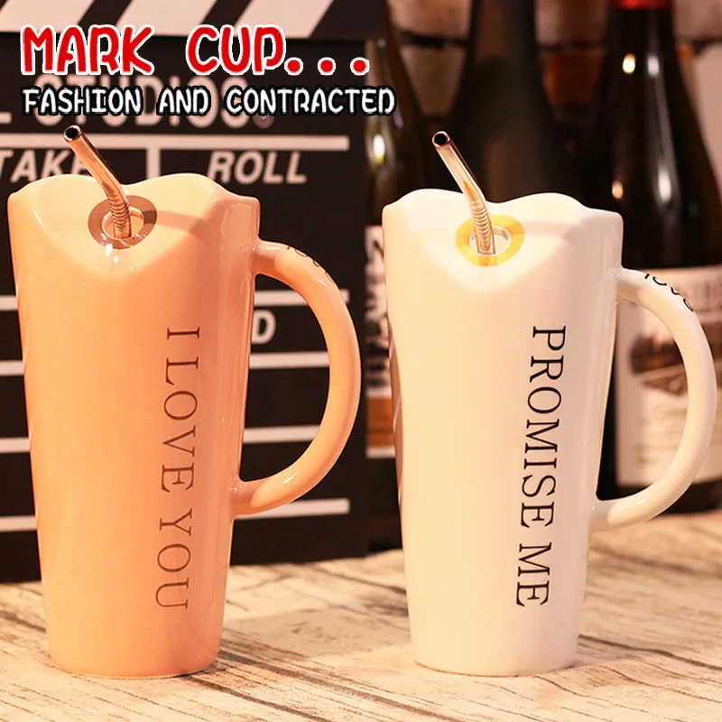 500ml Creative Ceramic Mugs with Spoon Straw Coffee Milk Travel Mug Cup Heat-resistant Water Drinkware Home Accessories | Дом и сад