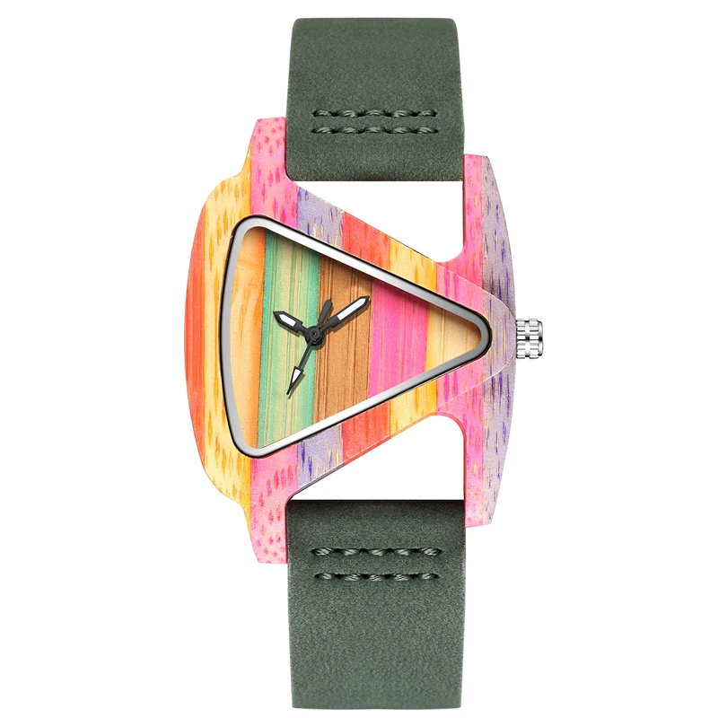 Unique Colorful Wood Watch Creative Triangle Shape Dial Hour Clock Women Quartz Leather Bracelet Watch Women's Wrist Reloj Mujer