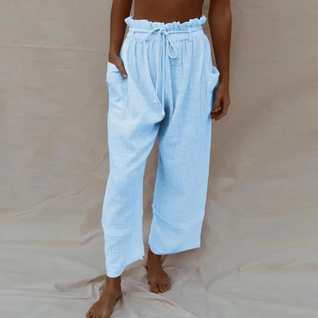 Винтажные женские повседневные брюки длинные из хлопка и льна широкие осенние