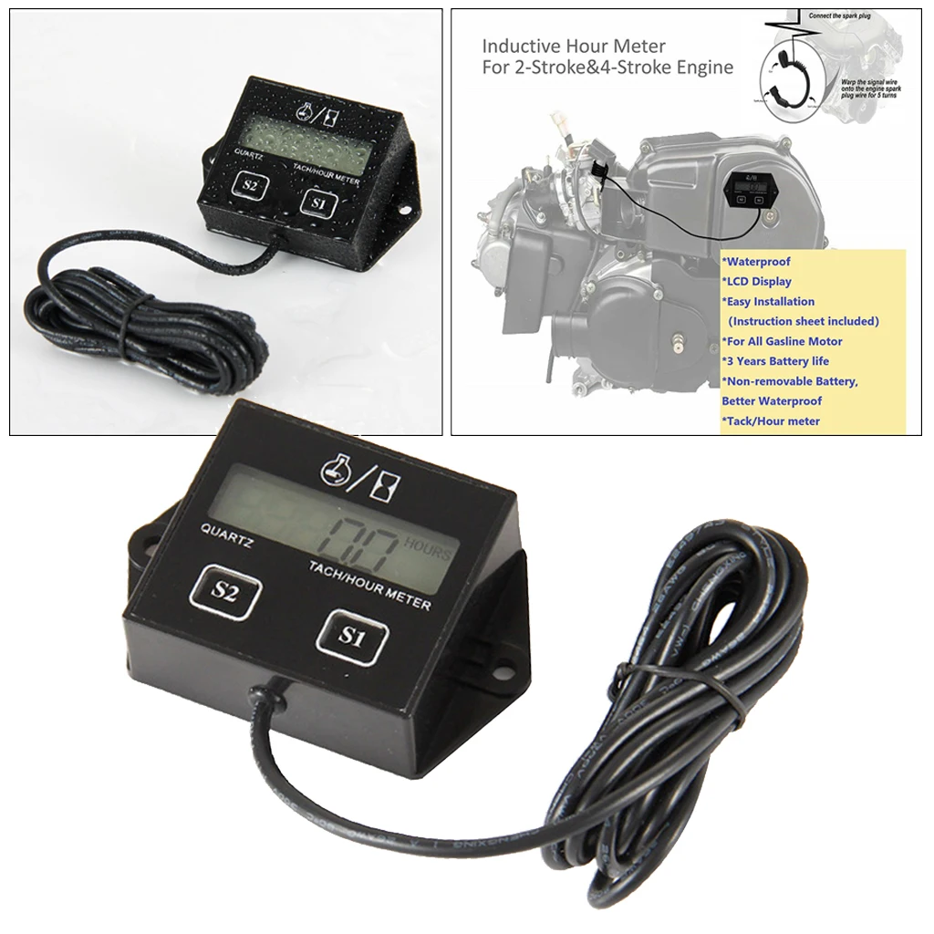 Tachometer Small Engine Inductive Tach Hour Meter for Chainsaw Motorcycle ATV