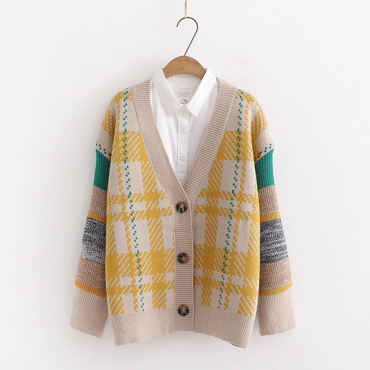 

Plaid Contrast Color Thick Sweater Cardigan Coat Female Autumn New Style Loose-Fit Slimming Long Sleeve Students Coat S28181