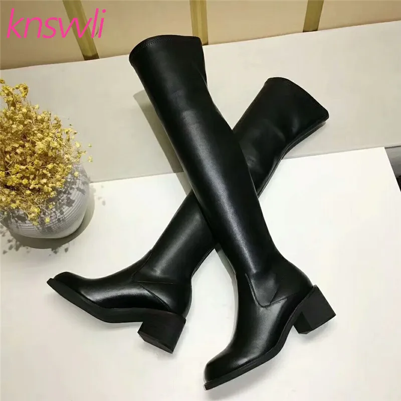 black leather Knsvvli/эластичные высокие сапоги до бедра; женская кожаная обувь с круглым носком; женские ботфорты на толстом высоком каблуке; женская обувь; zapatos De Mujer - Цвет: black leather