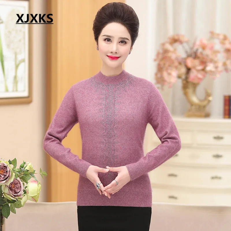 XJXKS winter new exquisite diamond women turtleneck sweater plus size high-end mink cashmere knitted sweater women pullove - Цвет: Лаванда