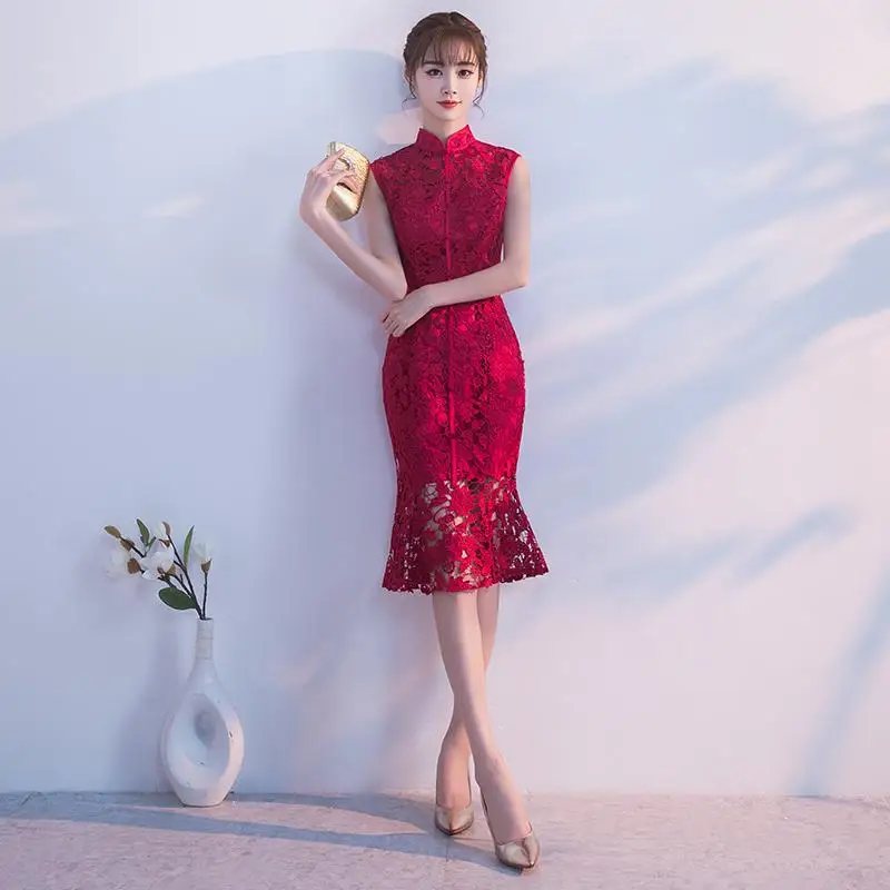 Style D Вечернее платье cheongsam qipao, традиционное китайское женское свадебное платье, тонкое красное кружевное Чонсам с коротким рукавом - Цвет: Style D
