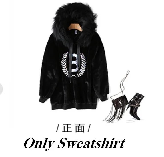 Only Sweatshirt Высококачественная зимняя свободная толстовка с капюшоном, с капюшоном, с блестками и надписью, имитация кроличьей шерсти+ повседневные шорты Комплект из двух предметов - Color: Only Sweatshirt