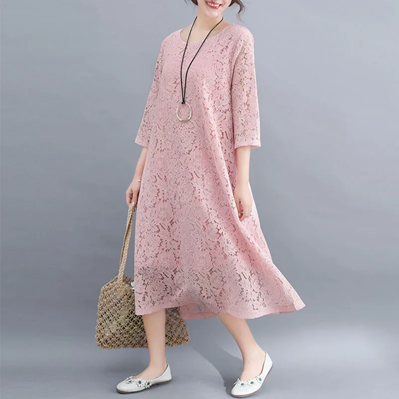 Fashion Designer Party dress Women Elegant embroidery Lace Crochet Hollow Out Loose Solid Dress vestidos Plus Size
