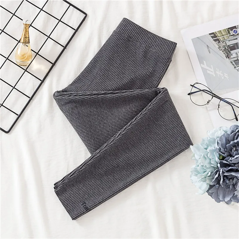 Deep Gray Embroidery Новинка, весенне-осенние хлопковые полосатые леггинсы, женские леггинсы с высокой эластичной талией, узкие брюки, универсальные базовые штаны для женщин - Цвет: Deep Gray Embroidery