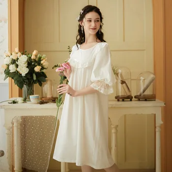 

Women White Lace Nightgowns Vintage Homewear Clothes Elegant Sleepwear Nightgowns Female Sleeping Loungewear Cotton Nightdress