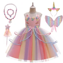 2021 Unicorn Dress with Wings Kids Birthday Party Gift Princess Costume for Halloween Christmas Baby Girls Summer Clothing