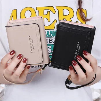 

Women Wallet Solid Color PU 3 Folds Zipper Short Purse with Hand Strap for Shopping H66