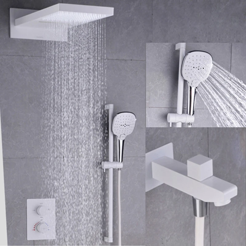 

Thermostatic Shower Faucets Set White Rainfall Shower Heads Waterfall Showers Black Bathroom 304SUS Sliding Shower Set