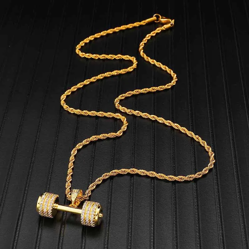 US7 ожерелье с подвеской для фитнеса, медное блестящее ожерелье с гантелями, цепочка в стиле хип-хоп, мужские ювелирные изделия для спортзала