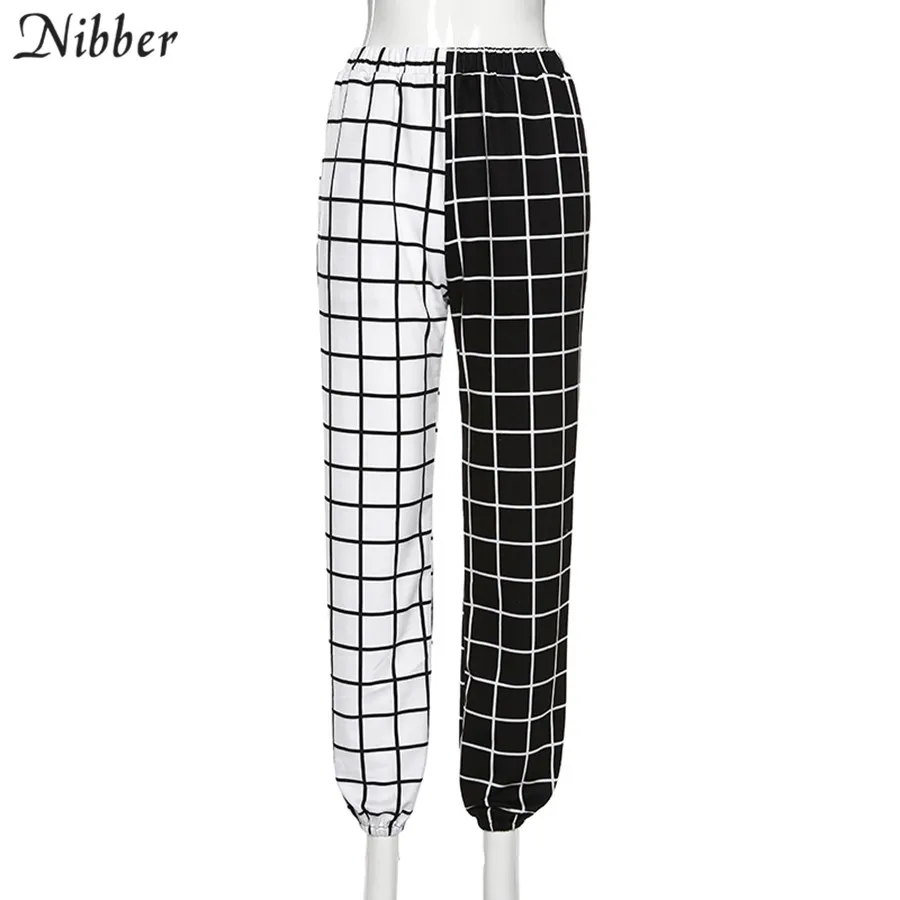 Nibber/черно-белые клетчатые лоскутные шаровары для женщин модные повседневные свободные узкие брюки harajuk уличная одежда эластичные женские брюки