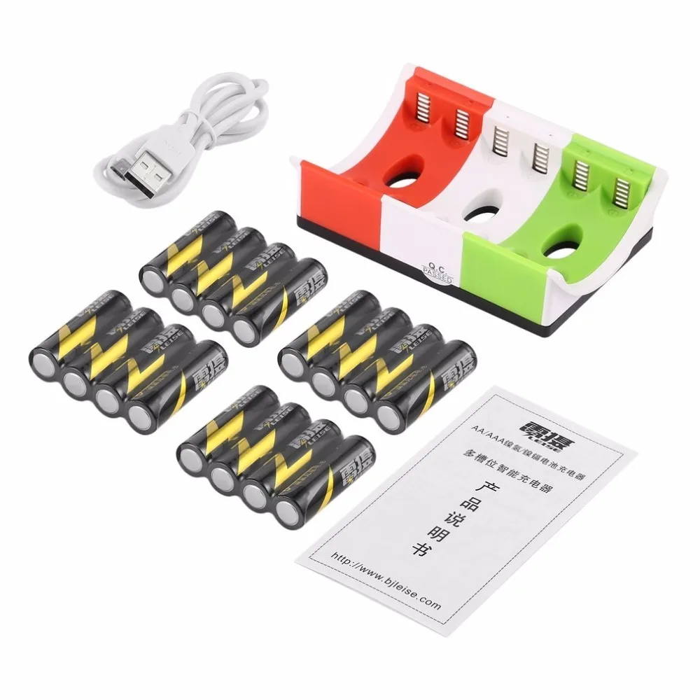 16pcs Rechargeable Batteries+8 Slots Smart Charger LED Indicator+USB Cable AA& AAA Ni-MH Batteries Charger Set