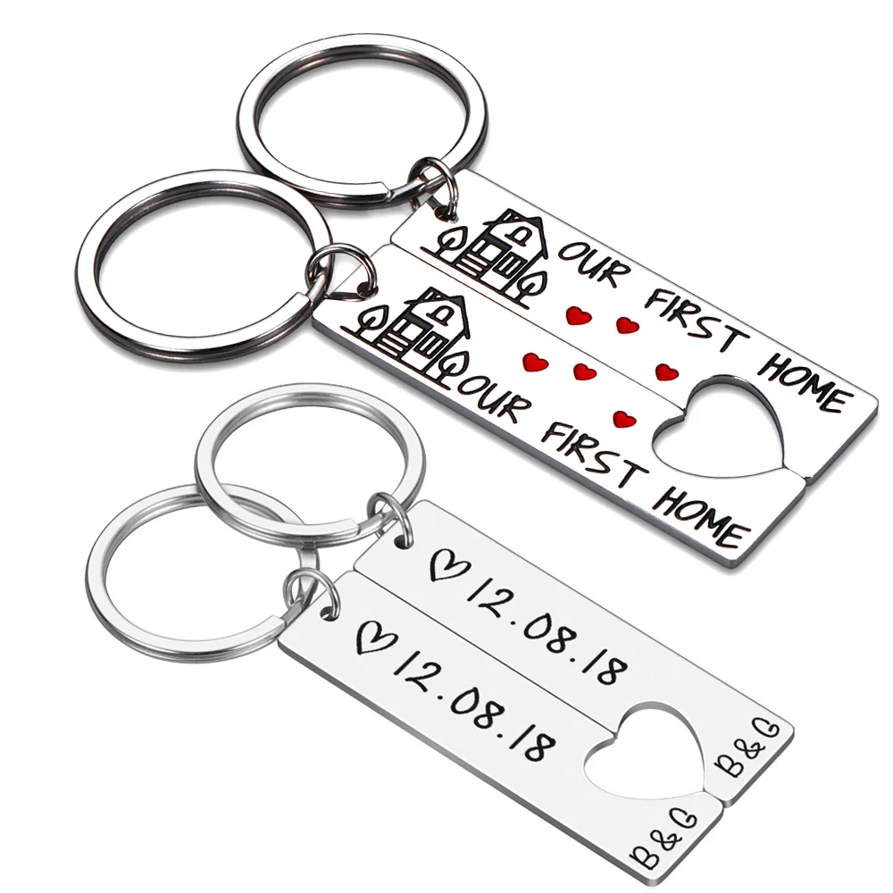 Personalizada corazón par llavero juego grabado rey fecha y nombre llavero Love regalo para novia novios clave Cadena de anillos