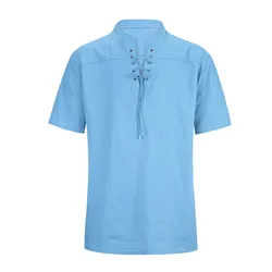 Jaycosin masculino com decote em v vintage laço de manga curta gótico camiseta de algodão de linho camisas casuais para homem bonito solto topos